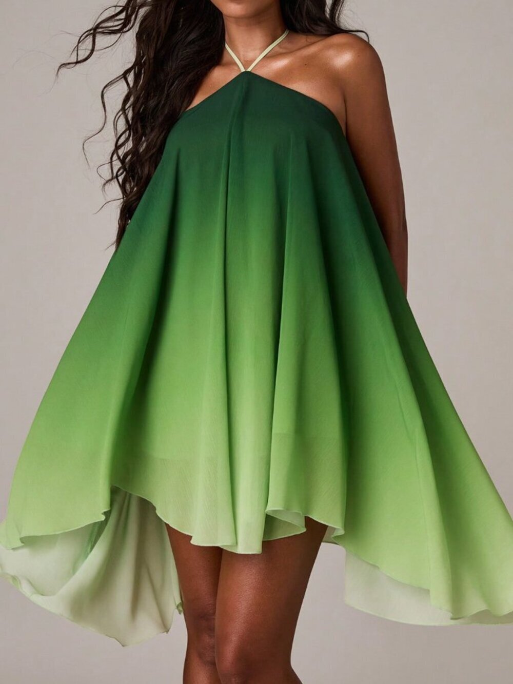 Green Halter A-Line Women's Ombre Asymmetrical Hem Dress